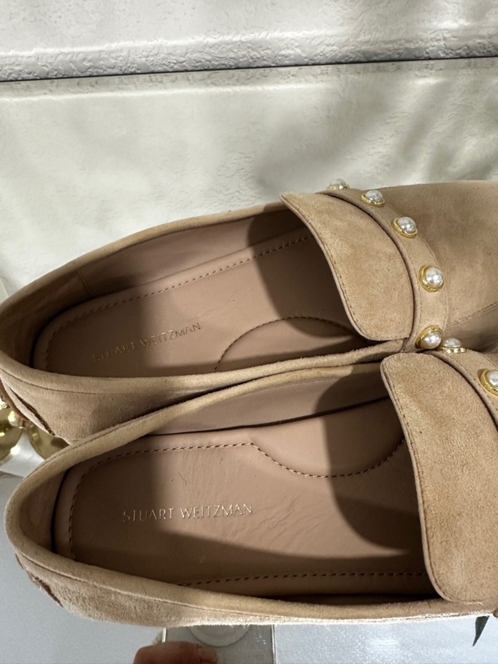 Stuart Weitzman Pearl-Trim Suede Loafers in Beige - Picture 2 of 7